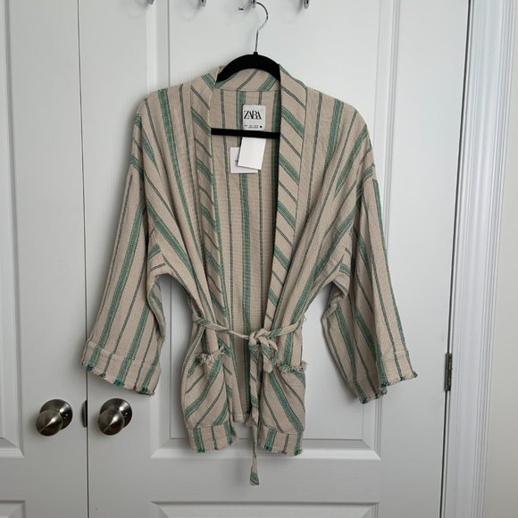 Zara Woman Cotton The Beth Rustic Kimono Jacket Striped Pockets Tie Belt Size S - Picture 9 of 16